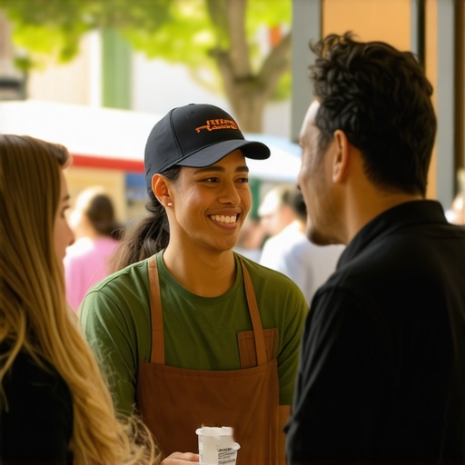 Authentic Local Business Engagement Business owner participating in community event in a lively neighborhood