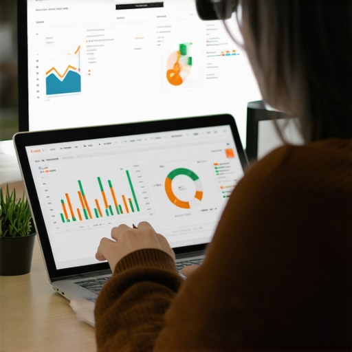Person managing local SEO tools on a laptop with charts and review dashboards.
