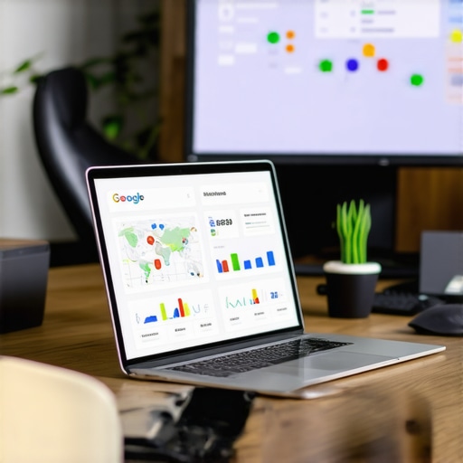 Person working on Google My Business optimization at desk with charts and maps.