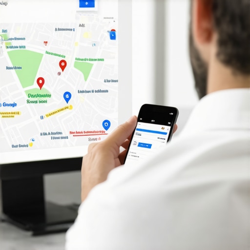 Business owner optimizing Google Map profile on laptop and smartphone.