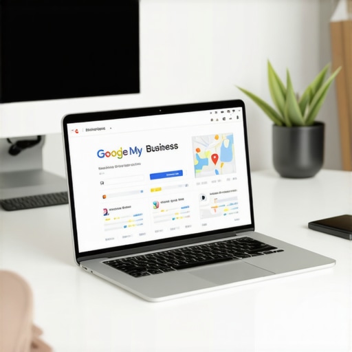 Laptop showing GMB dashboard with SEO and local maps