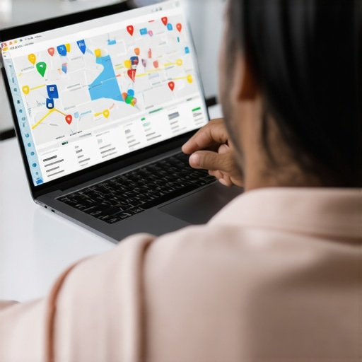 Business owner analyzing local search data on a laptop with charts and maps