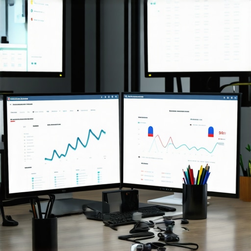 A workspace with screens showing local SEO dashboards and ranking analytics.