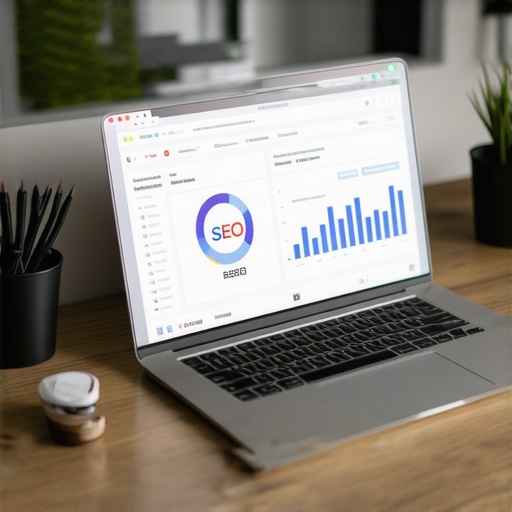 A close-up of a laptop screen showing local search analytics with marketing tools surrounding it