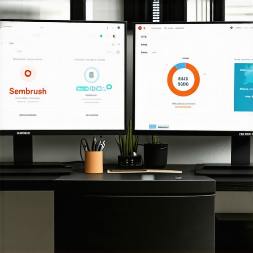 Workspace with monitors showing local SEO dashboards, analytics, and review management platforms