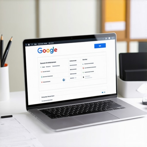 Laptop displaying Google Business Profile optimization tools on a desk