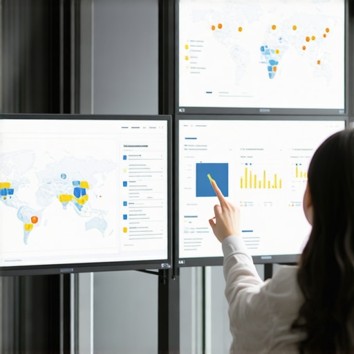 Person reviewing SEO analytics on multiple monitors
