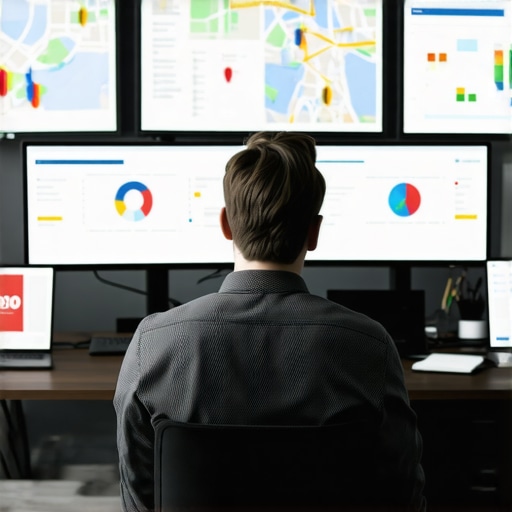 A marketer reviewing local SEO performance dashboards on multiple screens.