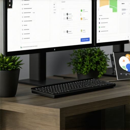 Digital Tools for Map Profile Maintenance A workspace with multiple screens displaying SEO dashboards, citation checks, and analytics tools.