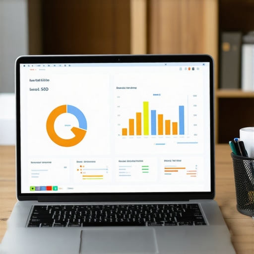 Workspace with laptop displaying local SEO analytics