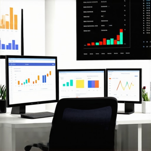 A professional desk setup with screens showing local SEO dashboards.