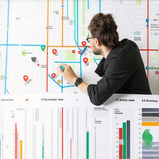 Business owner reviewing detailed proximity zones on a map with markers and charts.