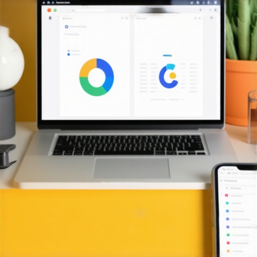 A workspace setup with SEO analytics dashboards on laptop and smartphone for local listing management.