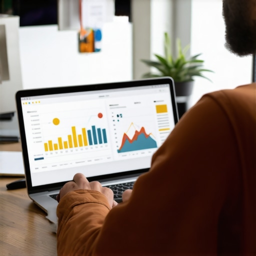 Person analyzing local SEO metrics on a laptop with charts and graphs in an office setting.