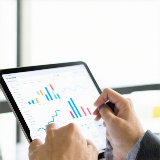 A digital marketer analyzing local SEO metrics and maps on a tablet in an office