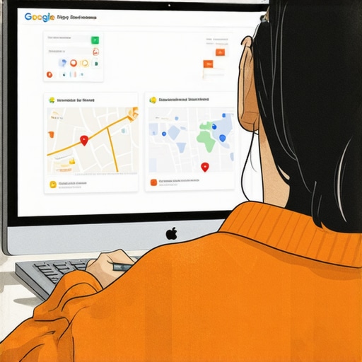 Person editing Google My Business profile on a computer with local search insights displayed.
