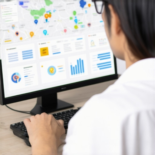 Person reviewing and optimizing Google My Business profile on a laptop with local map data.